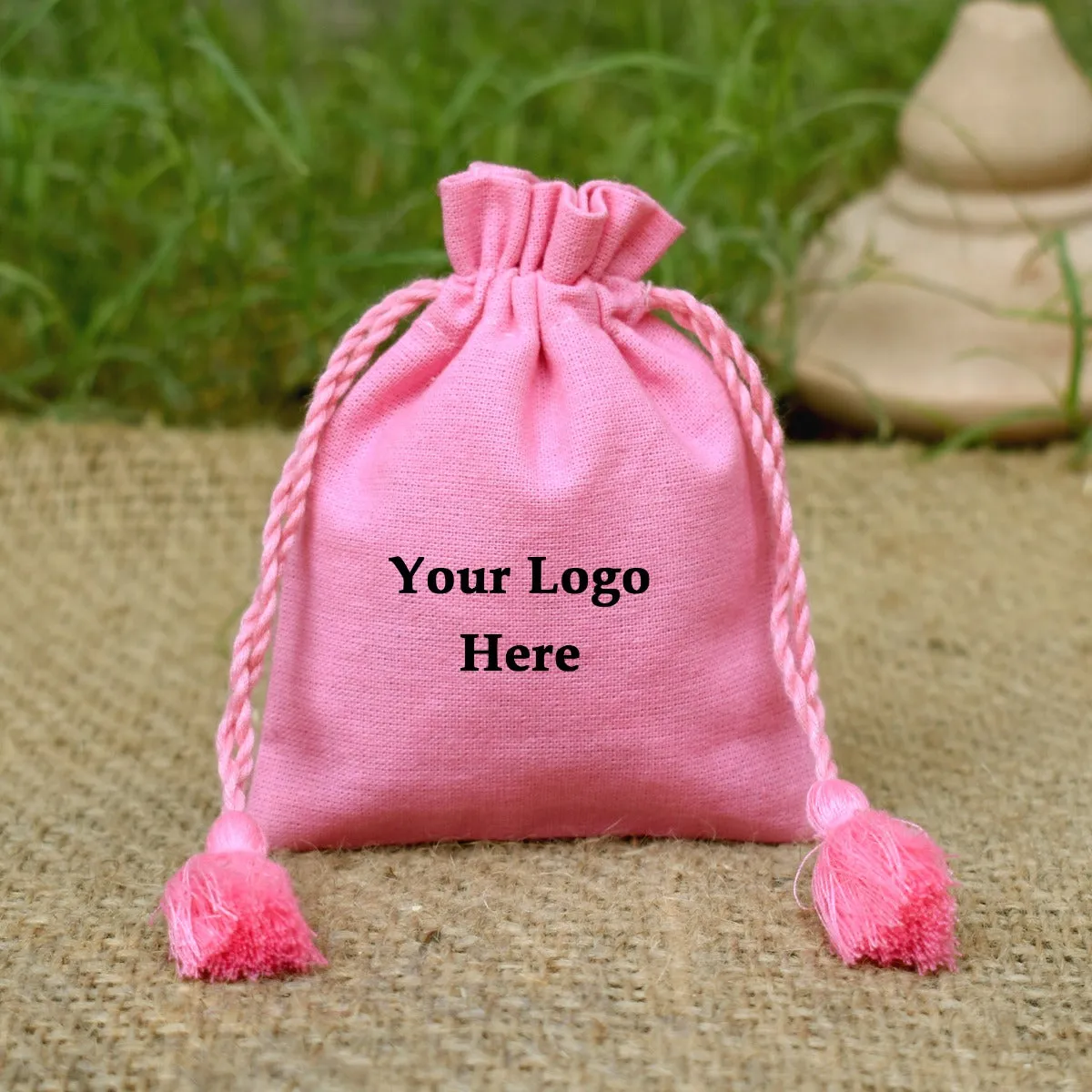 100 Pcs Cotton Designer Pink Jewelry Pouches Custom Printed Drawstring Pouch Small Bags with Logo – CraftJaipur