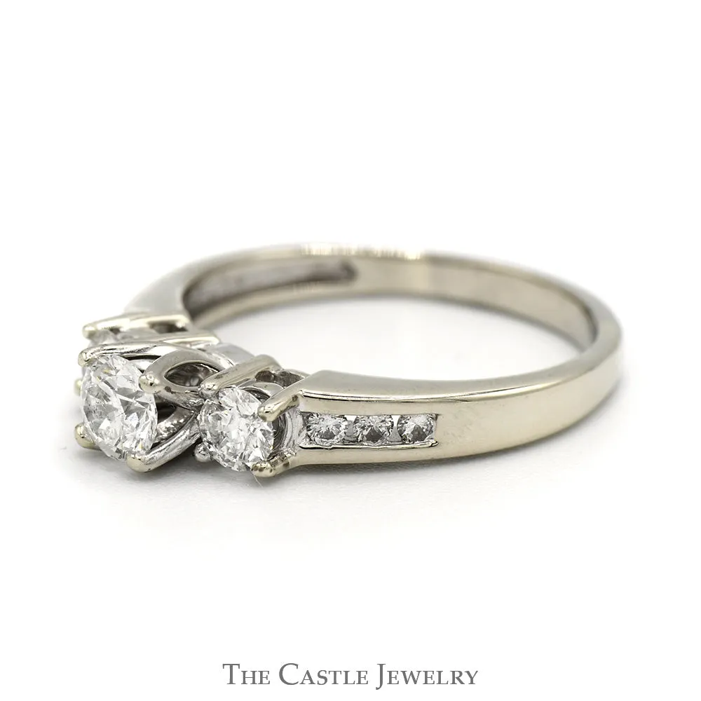 1cttw Three Stone Diamond Engagement Ring with Channel Set Diamond Accents in 14k White Gold