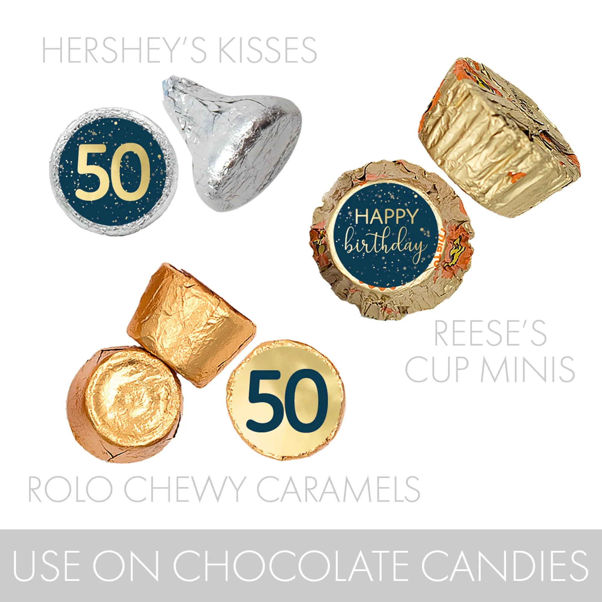 50th Birthday: Navy Blue & Gold - Adult Birthday - Stickers - Fits Hershey's Kisses Candy