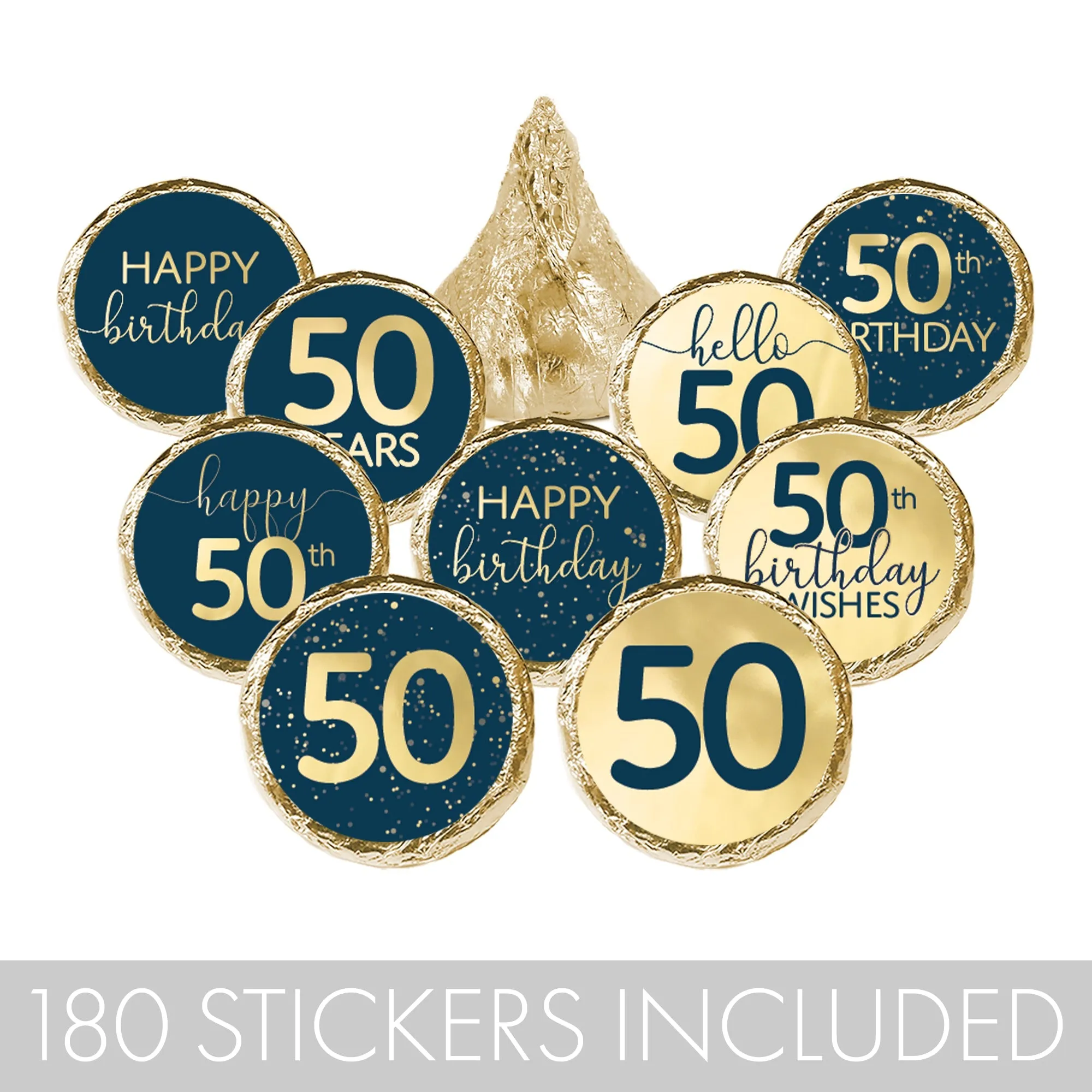 50th Birthday: Navy Blue & Gold - Adult Birthday - Stickers - Fits Hershey's Kisses Candy