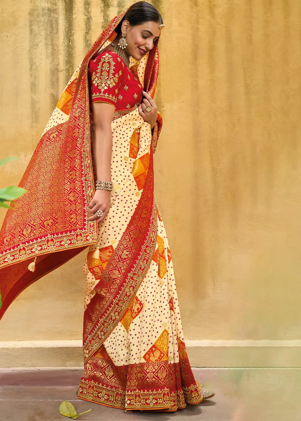 Alabaster White Dola Silk Saree with Beautiful Embroidery work: Wedding Edition