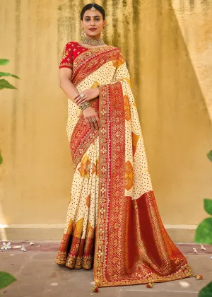 Alabaster White Dola Silk Saree with Beautiful Embroidery work: Wedding Edition