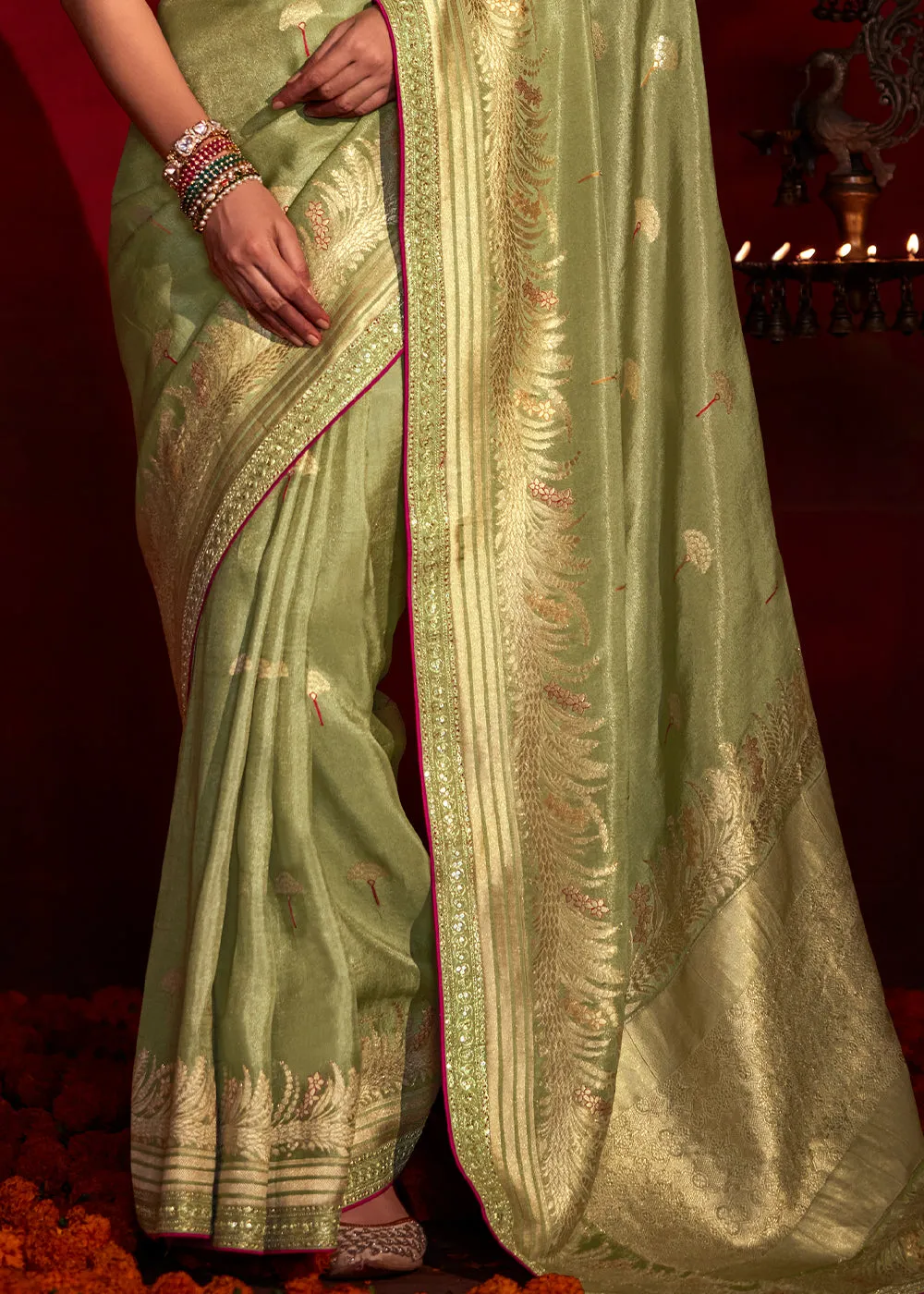 Avocado Green Zari Woven Khadi Silk Saree with Contrast Blouse