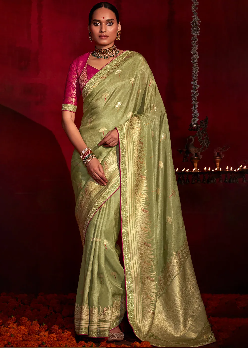 Avocado Green Zari Woven Khadi Silk Saree with Contrast Blouse