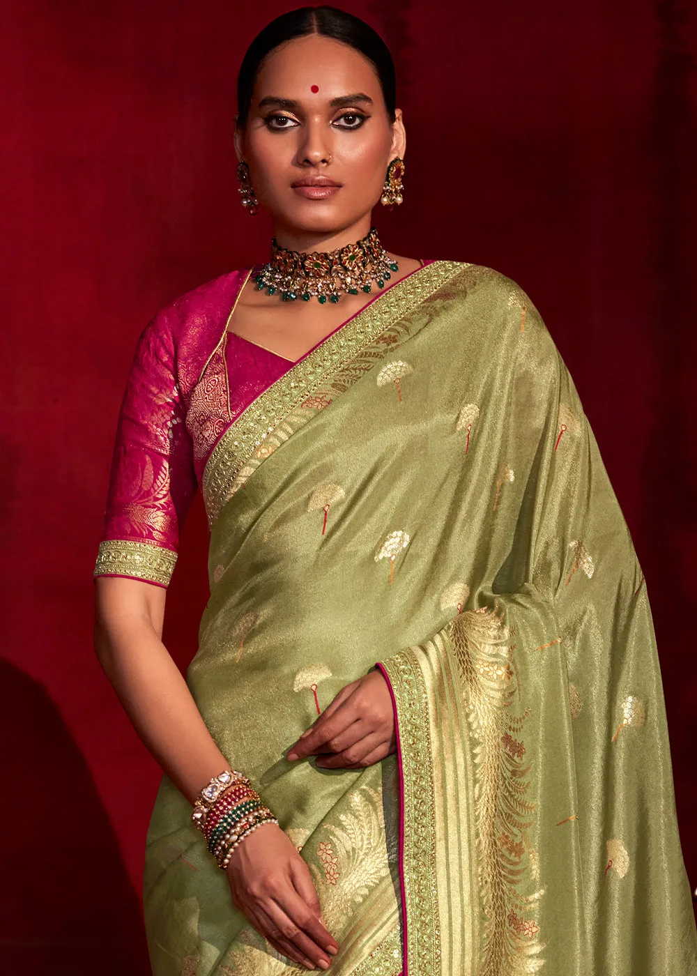 Avocado Green Zari Woven Khadi Silk Saree with Contrast Blouse