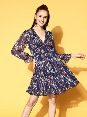 Berrylush Women Navy Blue, White, & Red Floral Printed V-Neck Chiffon Back Cutout Flared A-Line Mini Dress