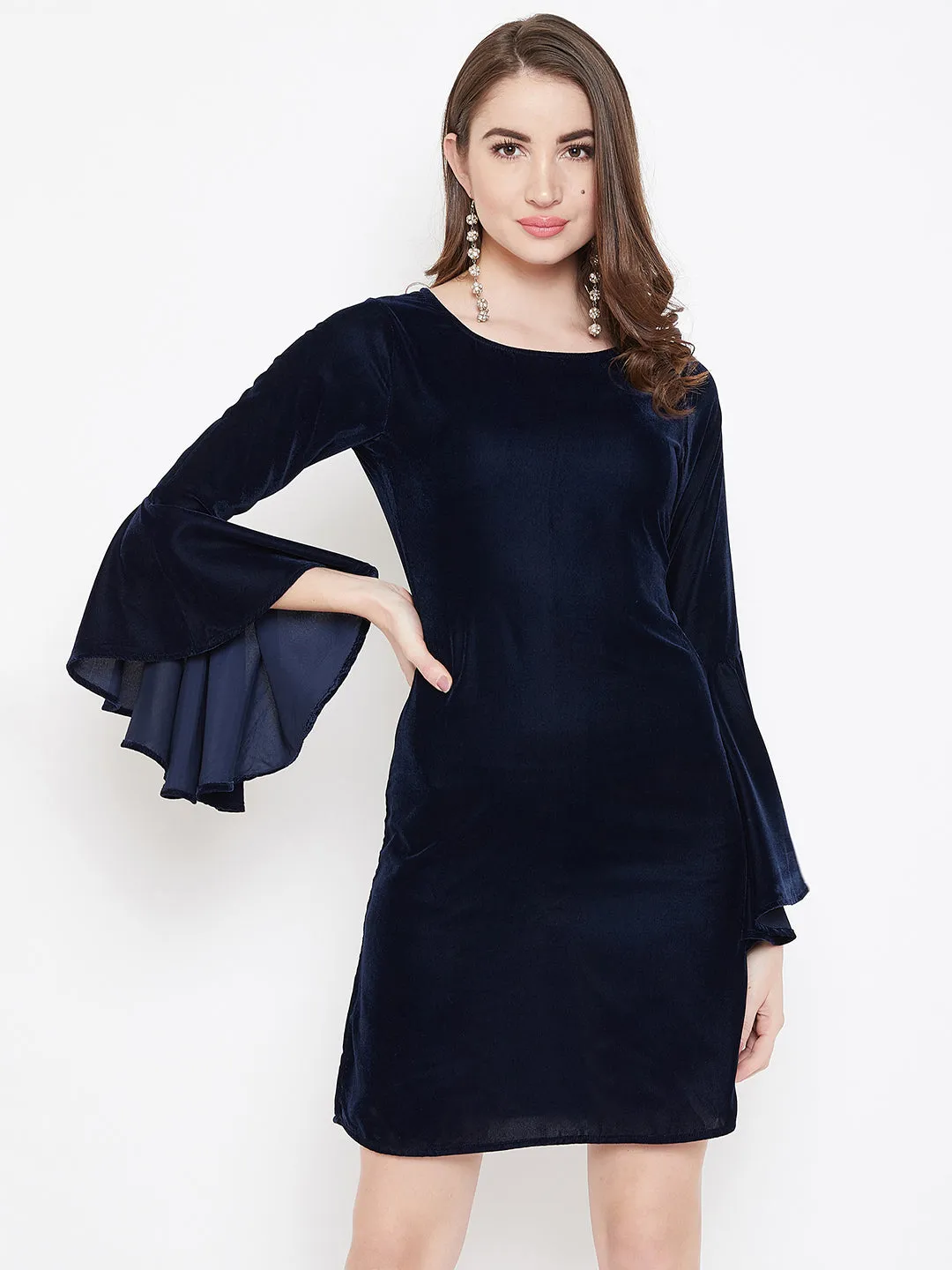 Berrylush Women Solid Navy Blue Round Neck Flared Sleeve Velvet Mini Dress