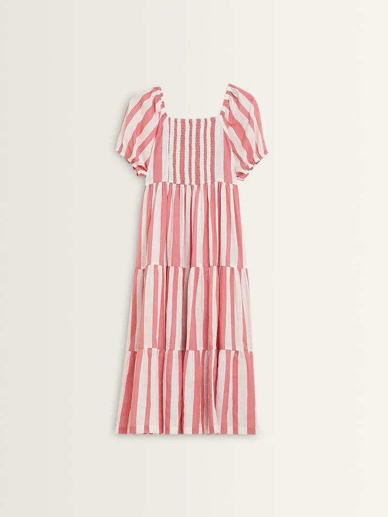 Bombay Paisley Coral Stripe Printed Tiered Cotton Dress