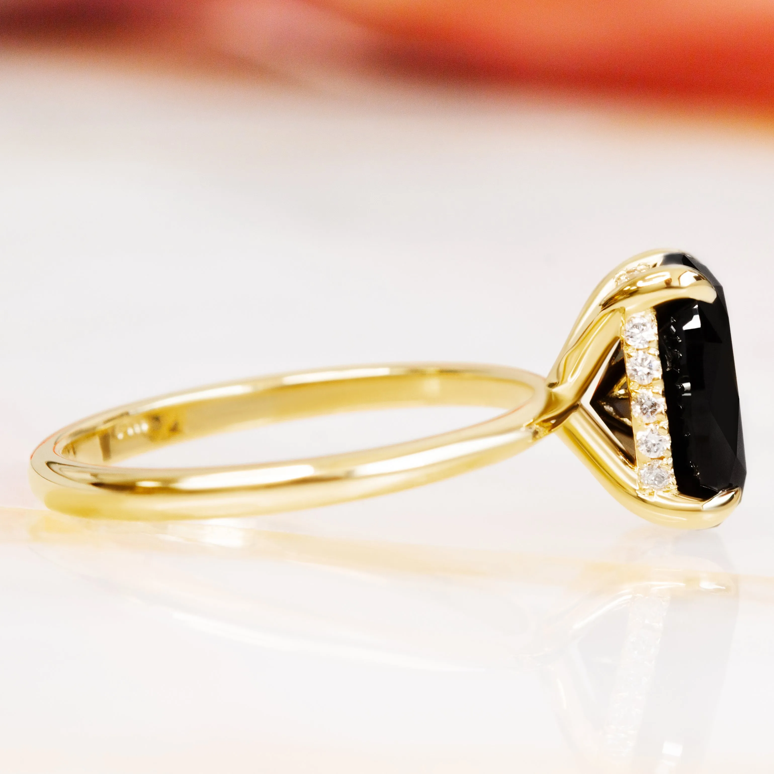 Boötes - Solitaire Natural Black Diamond Oval Engagement Ring in Yellow Gold