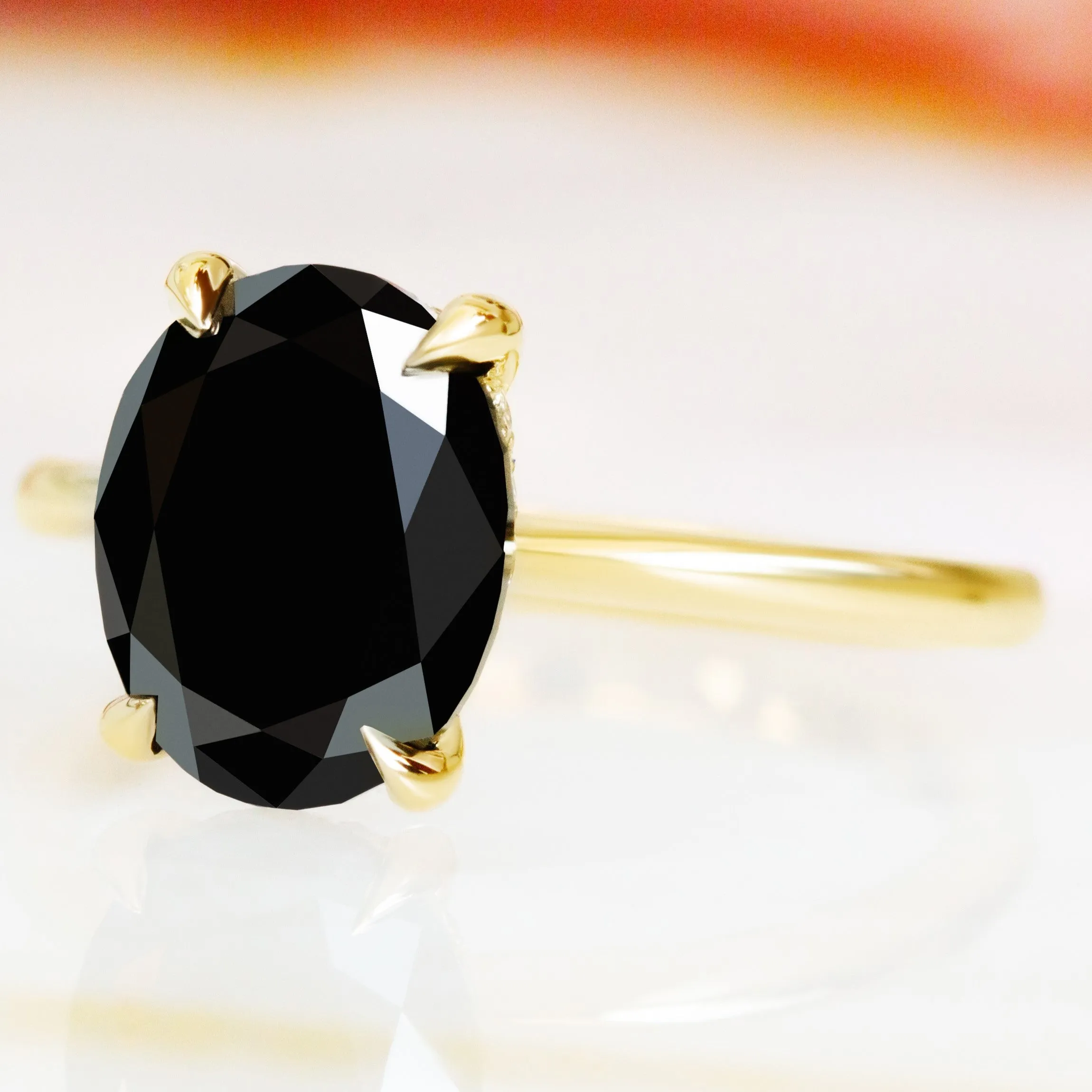 Boötes - Solitaire Natural Black Diamond Oval Engagement Ring in Yellow Gold