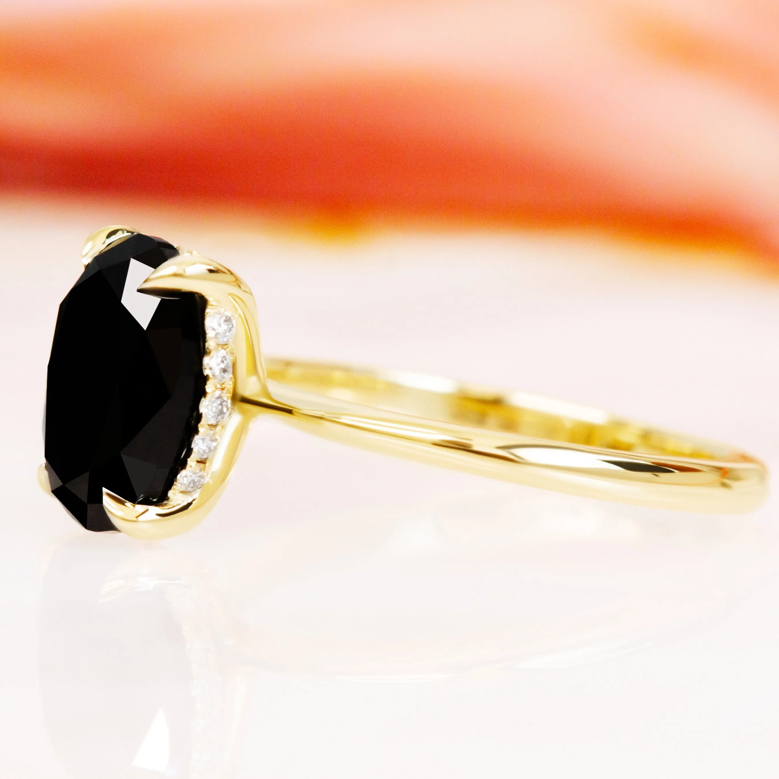 Boötes - Solitaire Natural Black Diamond Oval Engagement Ring in Yellow Gold