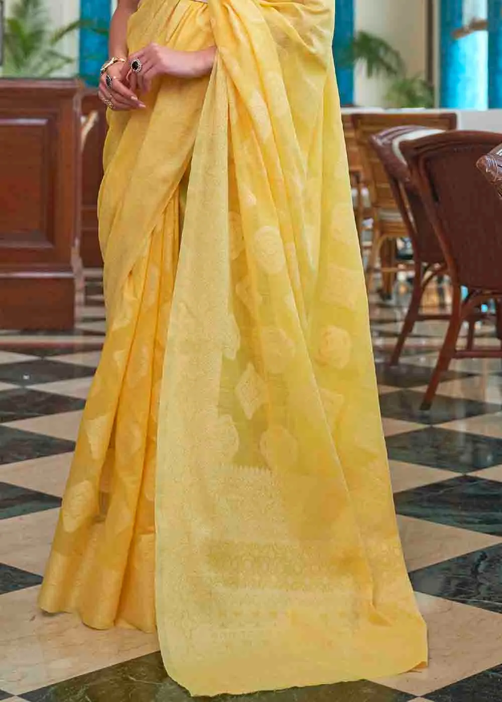 Butter Yellow Chikankari Weaving Silk Saree