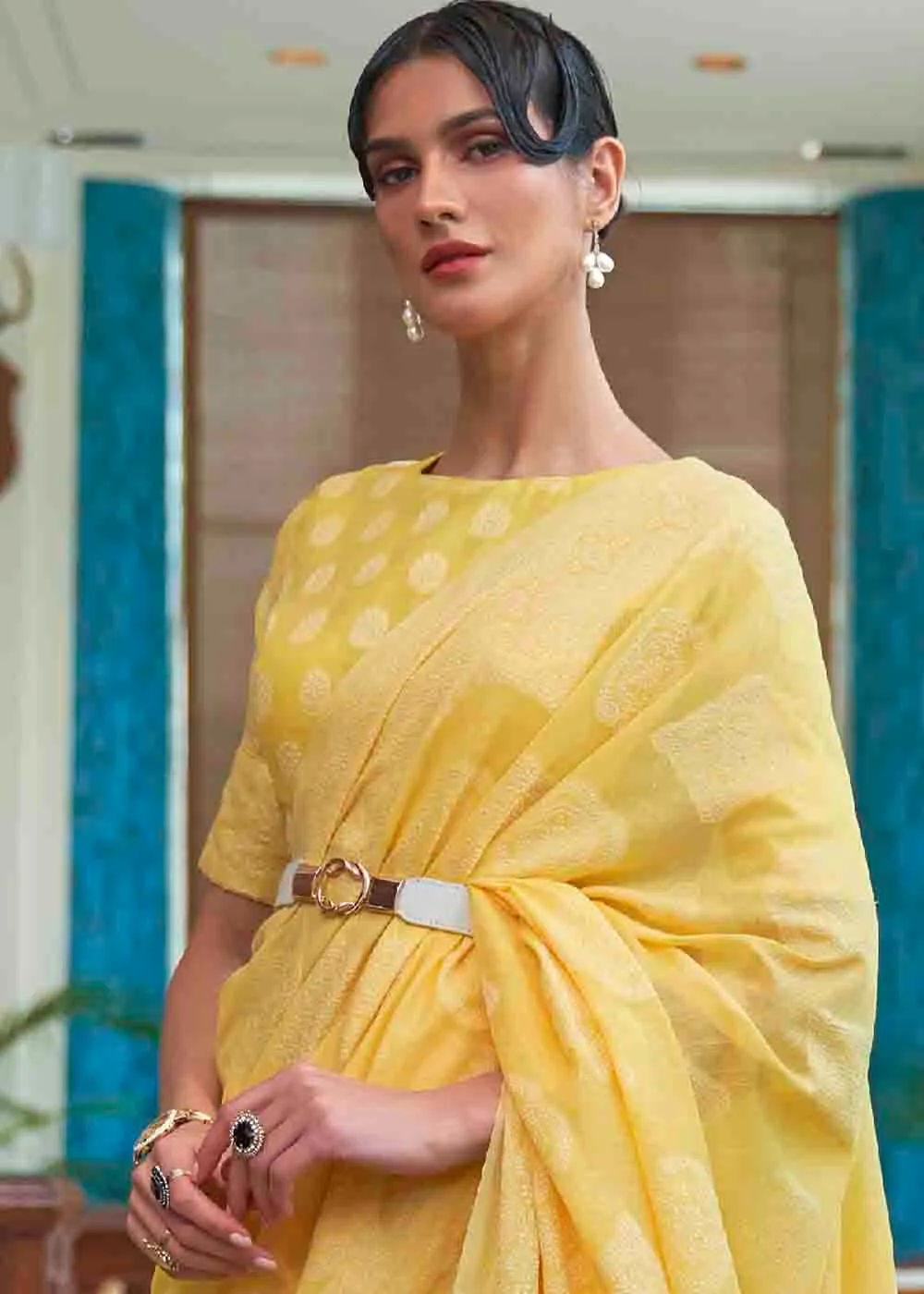 Butter Yellow Chikankari Weaving Silk Saree