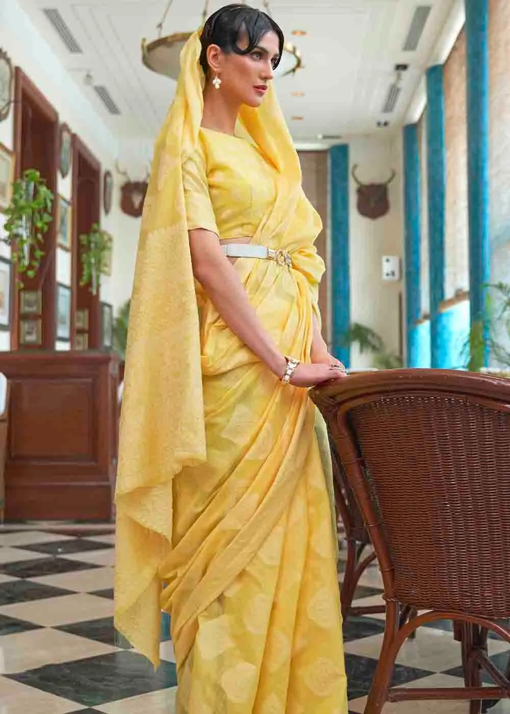 Butter Yellow Chikankari Weaving Silk Saree