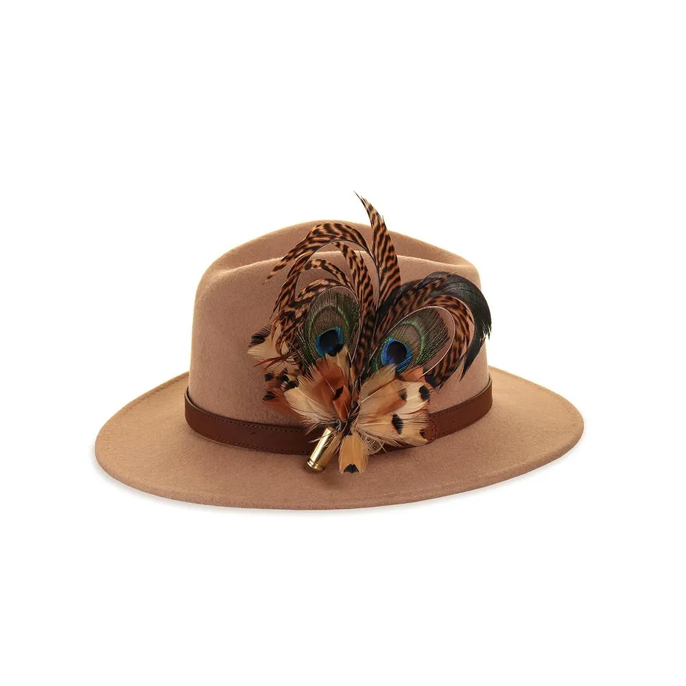 Camel Fedora with Pheasant and Peacock Heart Pin