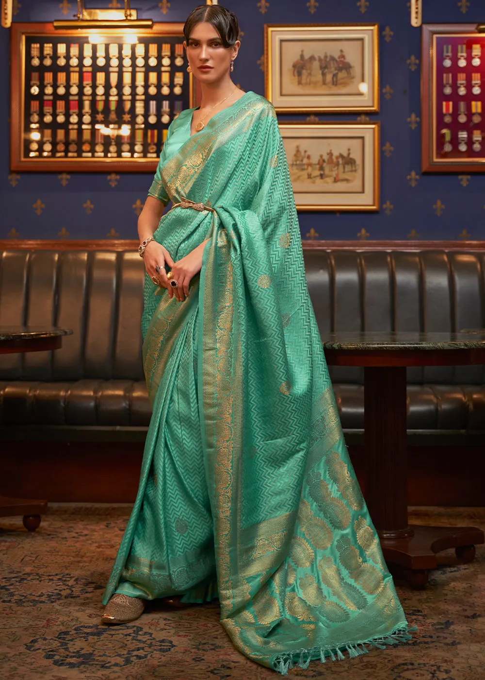 Caribbean Green Designer Satin Silk Saree