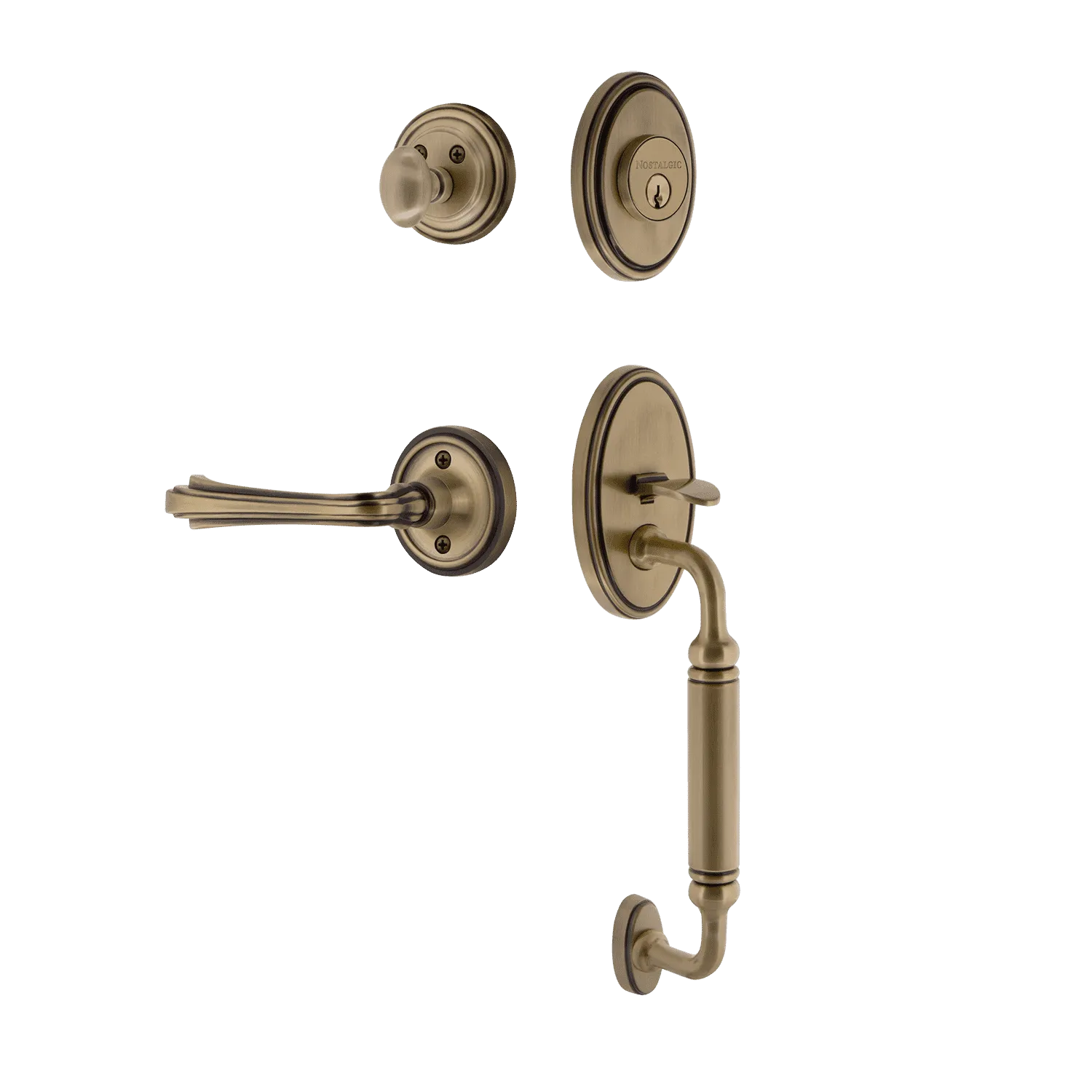 Classic Handleset with C-Grip and Classic Rosette with Fleur Lever in Antique Brass