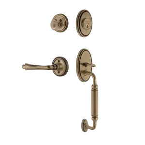 Classic Handleset with C-Grip and Classic Rosette with Fleur Lever in Antique Brass