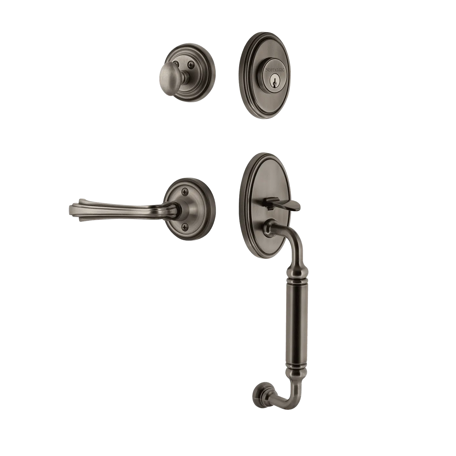 Classic Handleset with C-Grip and Classic Rosette with Fleur Lever in Antique Pewter