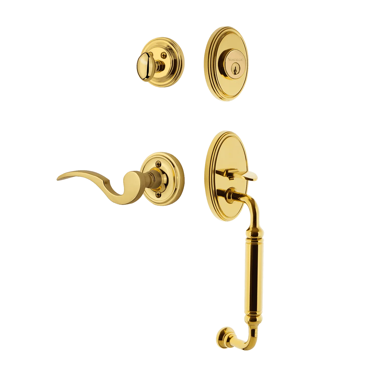 Classic Handleset with C-Grip and Classic Rosette with Manor Lever in Polished Brass