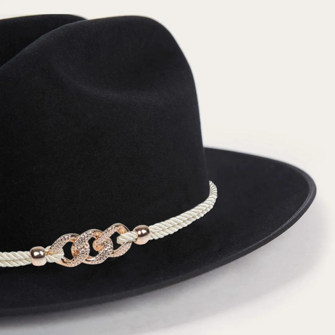 Classic Wide-Brim Black Cowboy Hat with Elegant Silver Rope Band and Buckle