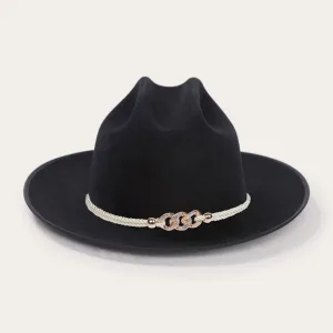 Classic Wide-Brim Black Cowboy Hat with Elegant Silver Rope Band and Buckle