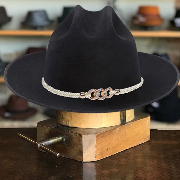 Classic Wide-Brim Black Cowboy Hat with Elegant Silver Rope Band and Buckle