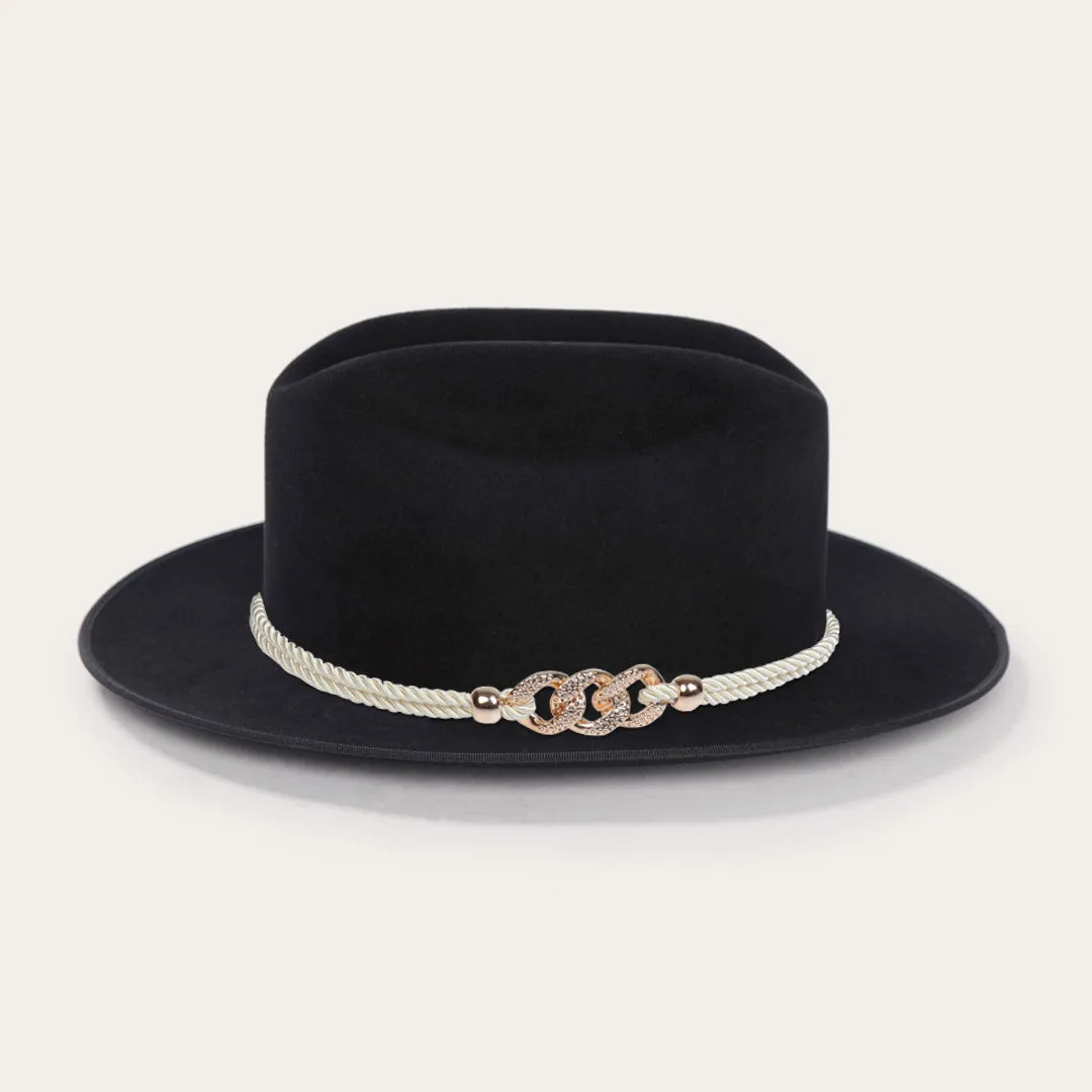 Classic Wide-Brim Black Cowboy Hat with Elegant Silver Rope Band and Buckle