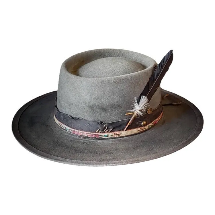 Distressed Fedora with Grey Striped Edge Black Band White Feather Adornment