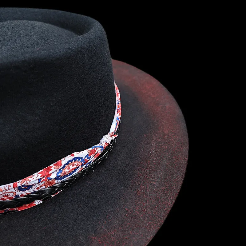 Distressed Fedora with Red and White Patterned Band