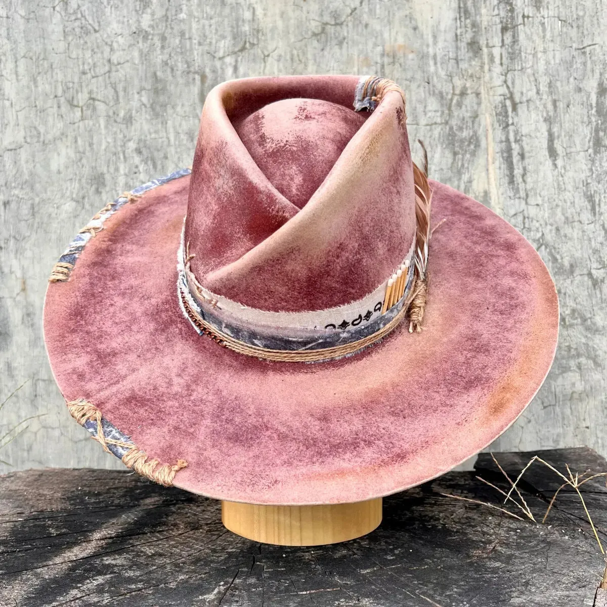 Distressed Fedora with Short Woolen Brim and Feather Adornments