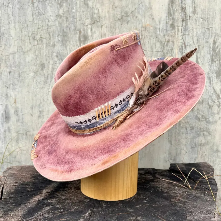 Distressed Fedora with Short Woolen Brim and Feather Adornments