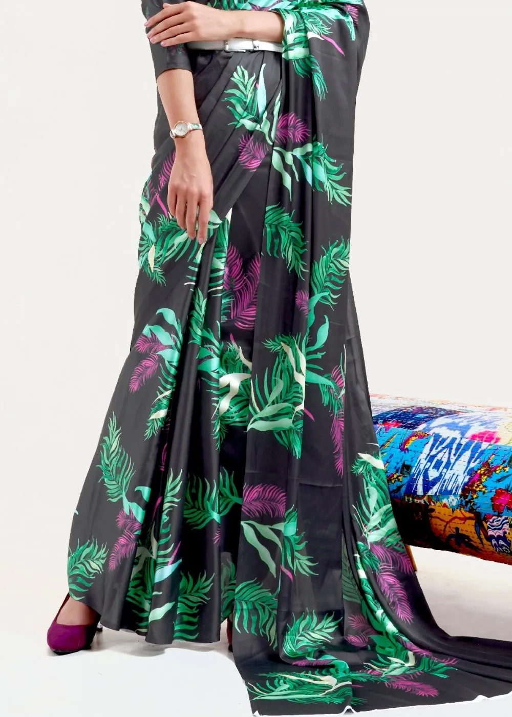 Ebony Black Digital Printed Satin Crepe Saree