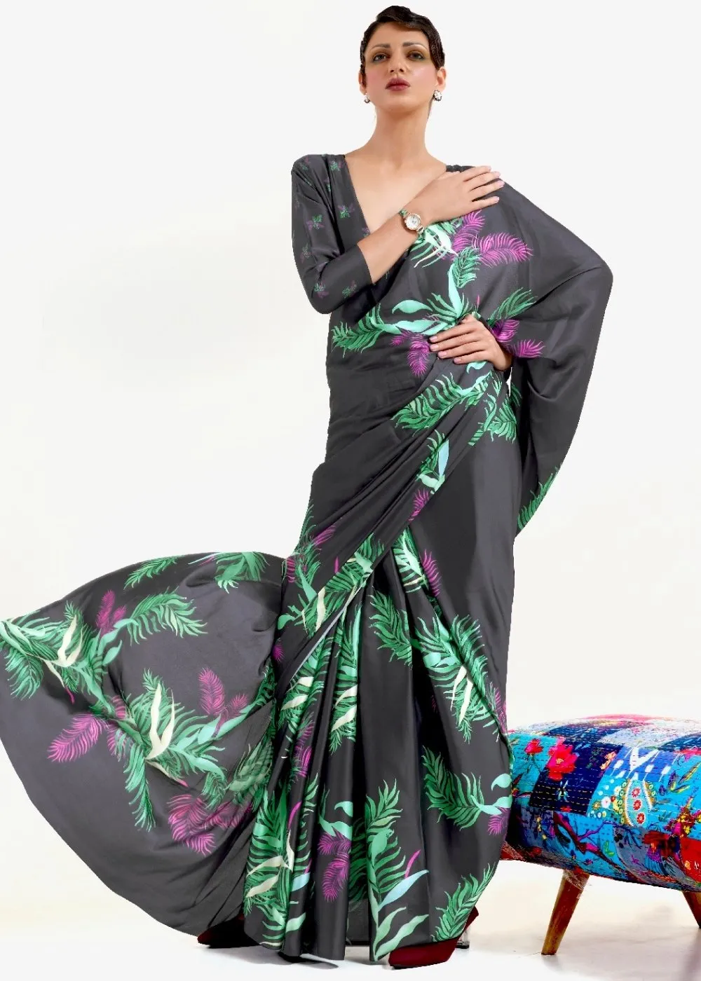 Ebony Black Digital Printed Satin Crepe Saree