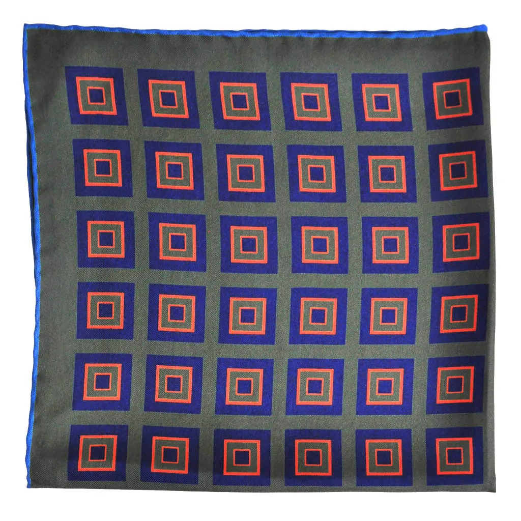 English Silk Geometric Squares Pocket Square in Green & Blue