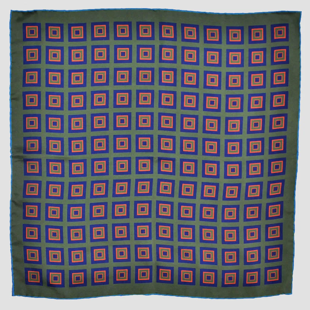 English Silk Geometric Squares Pocket Square in Green & Blue