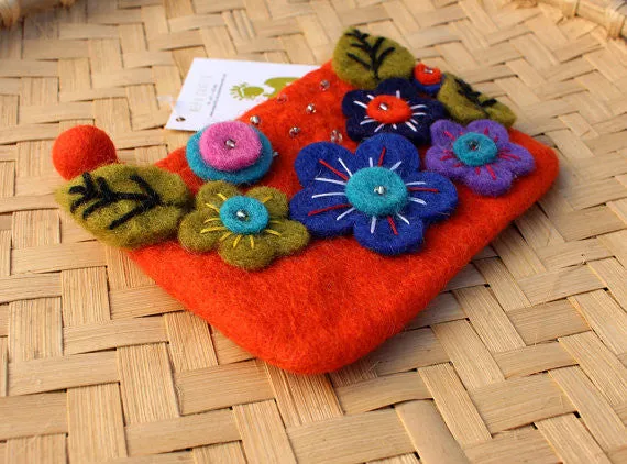 Felt Coin Purse decorated with flower & Beads