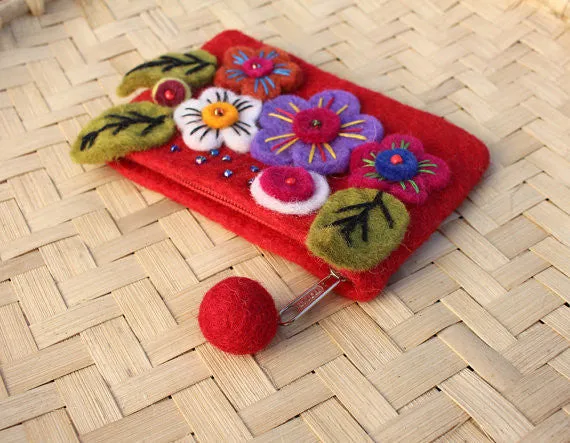 Felt Coin Purse decorated with flower & Beads