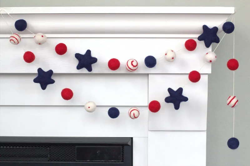 Fourth of July Felt Ball & Star Garland- Navy, Red- Swirls & Dots