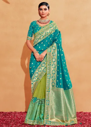 Green & Blue Half N Half  Heavy Embroidered Banarasi Silk Saree