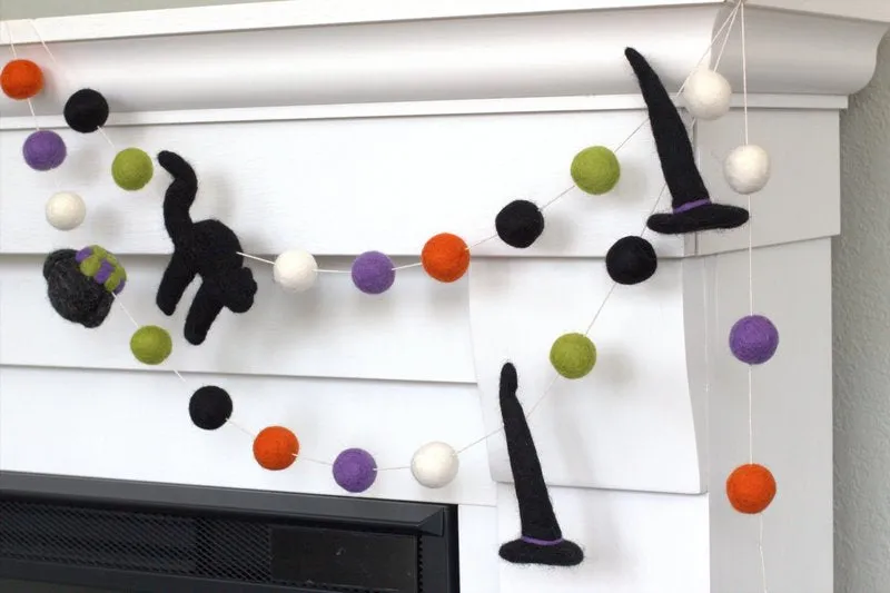 Halloween Felt Garland- Witch Hat, Cauldron, Black Cat- Purple, Green, Black, Orange