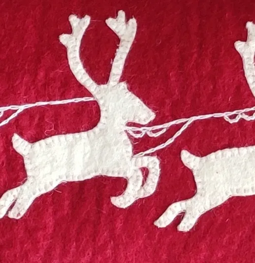 Hand Felted Wool Christmas Pillow - Cream Sleigh And Reindeer On Red - 12"x24"