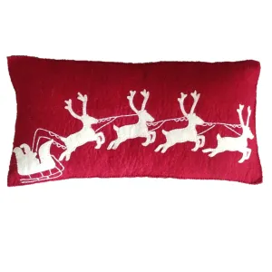 Hand Felted Wool Christmas Pillow - Cream Sleigh And Reindeer On Red - 12"x24"