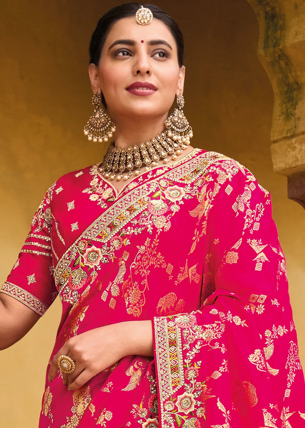 Hot Pink Dola Silk Saree with Beautiful Embroidery work: Wedding Edition