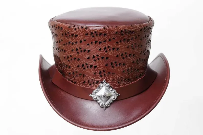 Ladies Leather Flowers Engraved Berry Square Concho Women Top Hat Steampunk