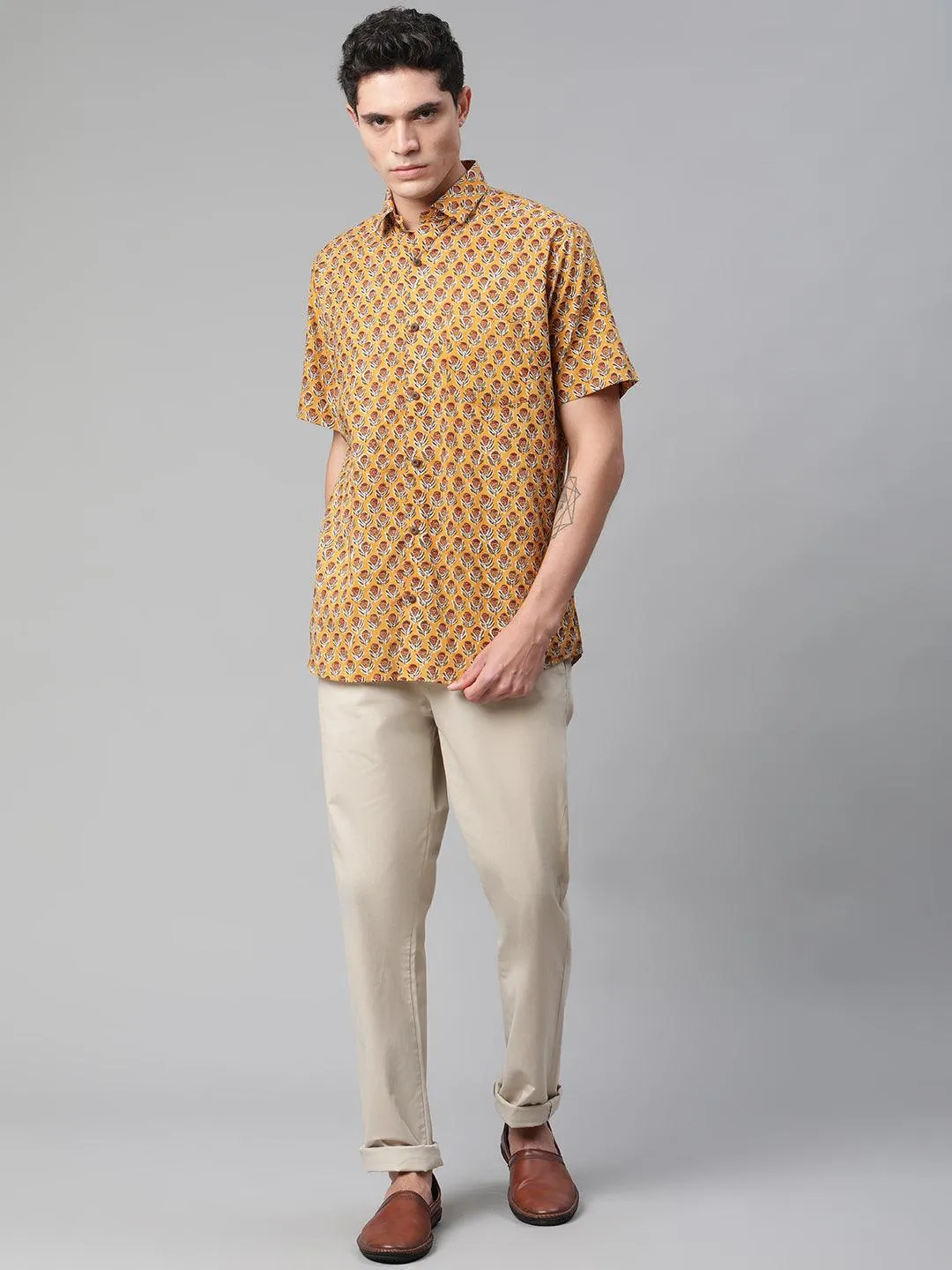 Millennial Men Mustard & Marron Cotton  Half Sleeve Shirt for Men-MMH0182