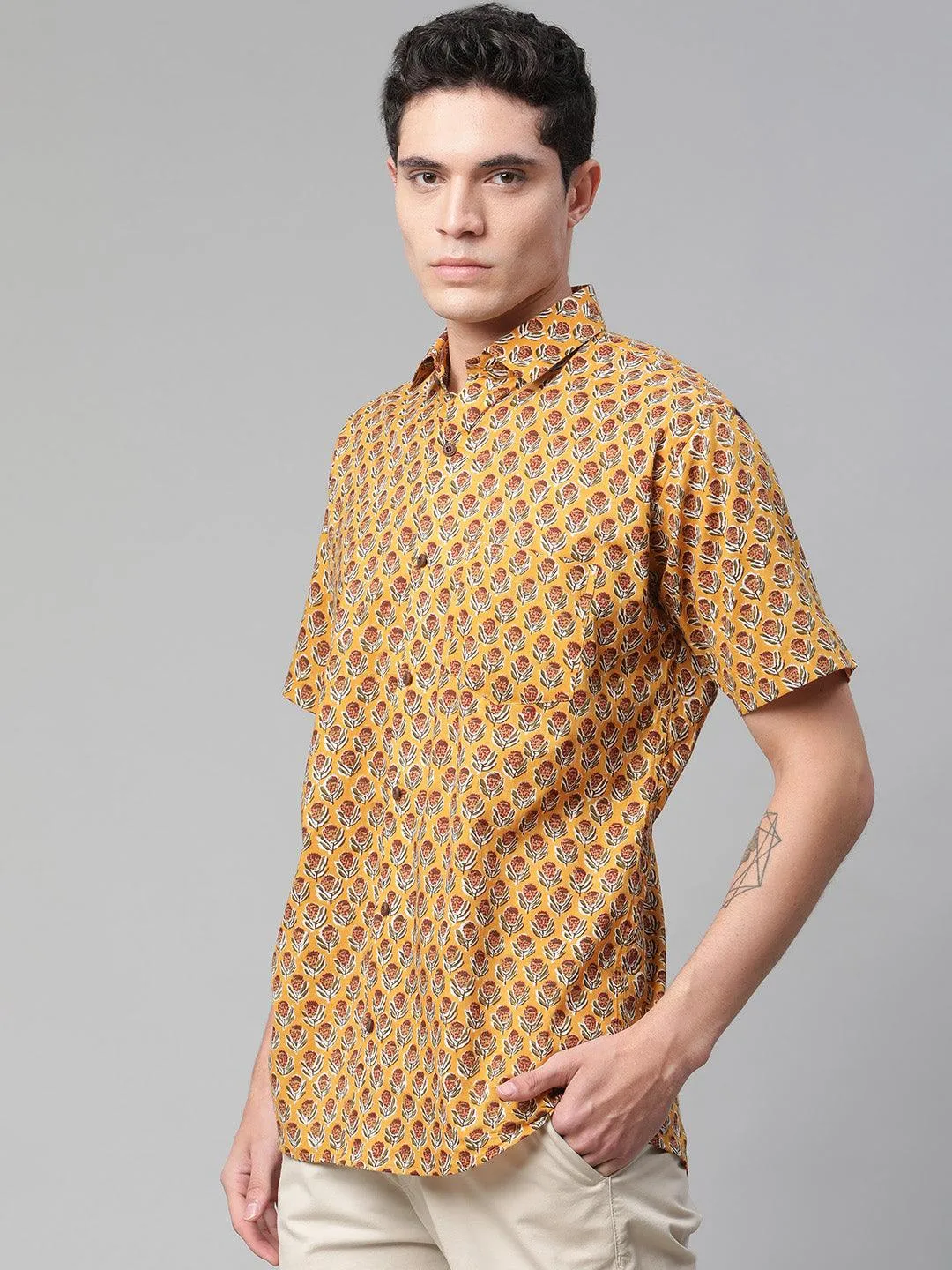 Millennial Men Mustard & Marron Cotton  Half Sleeve Shirt for Men-MMH0182