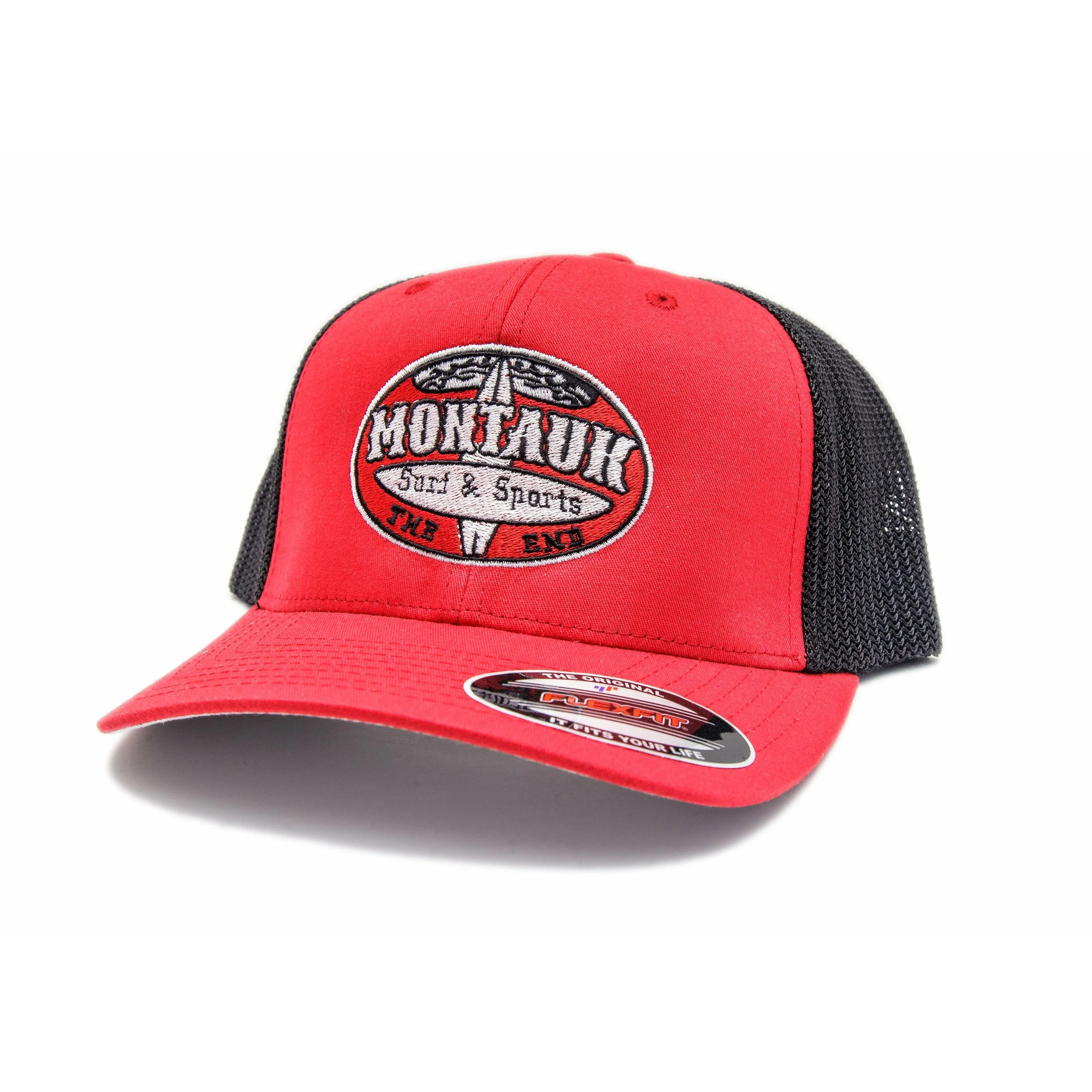 Montauk Surf and Sports Branded Trucker Hat in Red and Black