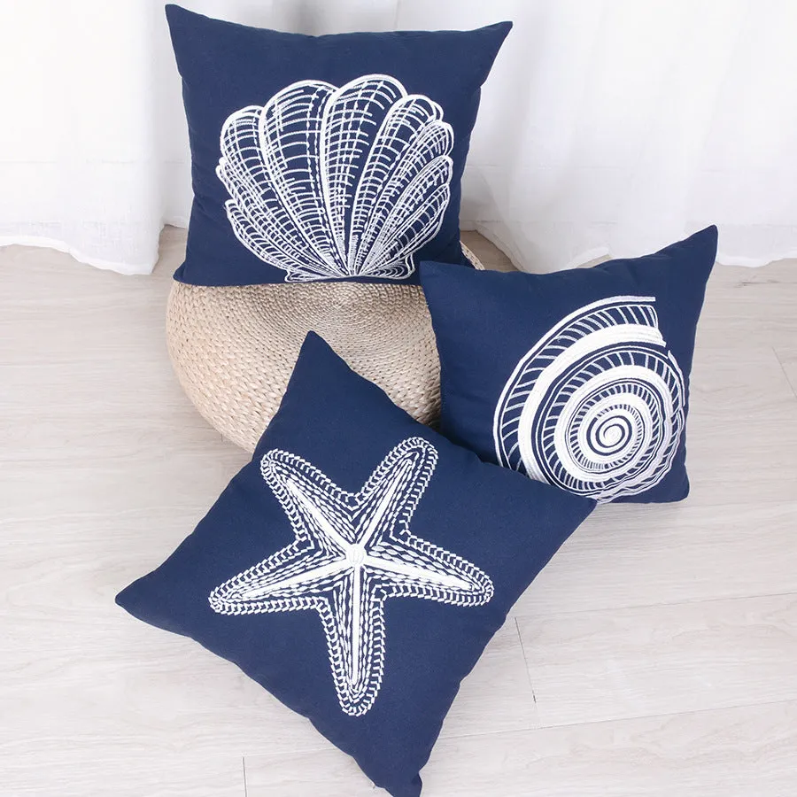 Nautical Shells White Blue Pillowcase Home Modern Minimalist Embroidered Marine Decor