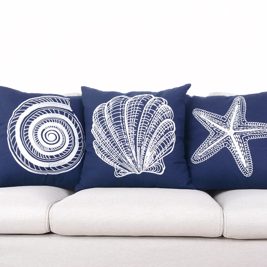 Nautical Shells White Blue Pillowcase Home Modern Minimalist Embroidered Marine Decor